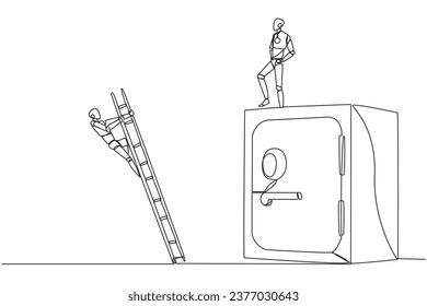 Eine durchgehende Zeichnung des intelligenten Roboters bringt den Gegner, der mit einer Leiter auf den sicheren Ablagekasten klettert. grob gefallen. Wichtige Dateien können nicht gespeichert werden. Rival. Eine Linie design, Vektorgrafik-Illustration