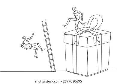 Single continuous line drawing the smart robot kicks opponent who is climbing the gift box with the ladder. Competition justifies any means to get rewards. Rival. One line design vector illustration