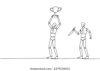 Single continuous line drawing the smart robot standing lifting trophy. Business friends prepare to stab in the back. Unhealthy business competition. The traitor. One line design vector illustration