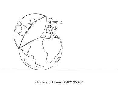 Single continuous line drawing smart robot appears from the globe looking for something through binoculars. Mapping locations that technology has not yet reached. One line design vector illustration