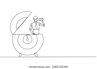 Single continuous line drawing smart robot appears from arrow target board looking for something through binocular. Scan. Analyzing skills. Focus on pursuing goals. One line design vector illustration