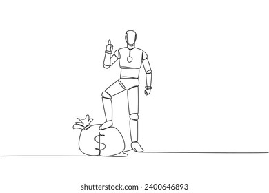Single continuous line drawing smart robot stands with thumbs up pose and steps on the money bag with one of foot. Programmed to work smart. Future technology. One line design vector illustration