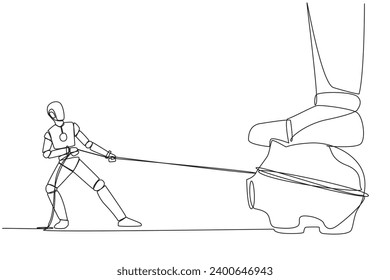 Single continuous line drawing smart robot tries to take piggy bank stepped on by giant foot. With artificial intelligence, pulling with a rope. Technology AI. One line design vector illustration