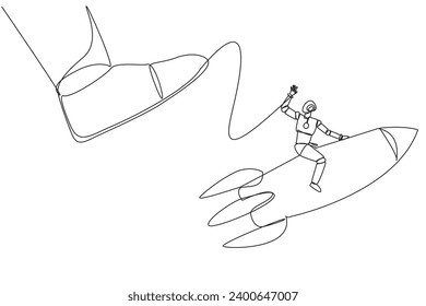 Single continuous line drawing smart robot riding a rocket flies away from the giant foot. Survive big shocks and be ready to open a new business. Future tech. One line design vector illustration