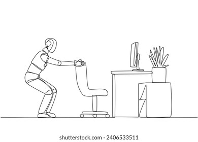 Single continuous line drawing smart robot stands with a slight bend and both hands hold the top of chair. Guide robot. Example of exercise while at the office. One line design vector illustration