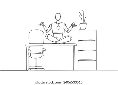 Single continuous line drawing smart robot sitting cross-legged on a work desk. Artificial intelligence makes people behave like humans. Relaxing yoga. Future tech. One line design vector illustration