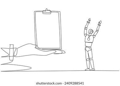 Single continuous line drawing a smart robot was excited to get the clipboard from the giant hand. Makes it easy to note down some bugs. Note while test running. One line design vector illustration