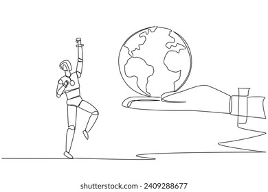 Single continuous line drawing a smart robot is excited to get the globe from giant hand. Disseminating the latest technology. The whole world. Future technology. One line design vector illustration