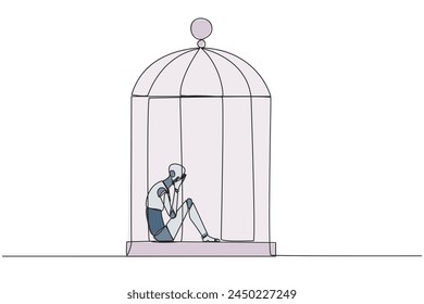 Single continuous line drawing smart robotic trapped in the cage sitting covering face. Feel utterly defeated. Trapped in a dirty business. Mentally tired. Lost. One line design vector illustration