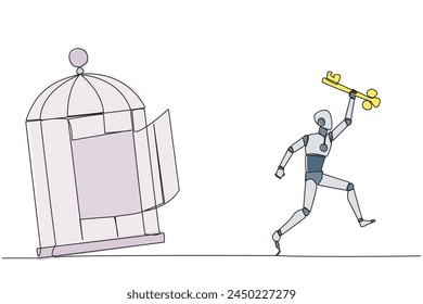 Single continuous line drawing smart robot running out of the cage holding the key. Concept of freedom from something that binds. Freedom to advance business. One line design vector illustration
