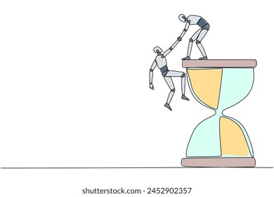 Single continuous line drawing smart robotic helps colleague climb the big hourglass. Have many assignment deadlines. Sharing with colleague will become easier. One line design vector illustration