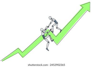 Single continuous line drawing smart robotic helps colleague to climbs the big rising arrow symbol. Help each other to achieve satisfactory targets. Grow together. One line design vector illustration