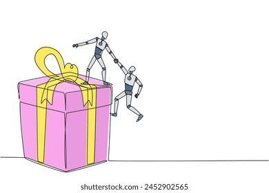 Single continuous line drawing smart robotic helps colleague climb the big gift box. Integrated teamwork to reach highest level for rewards. Helping each other. One line design vector illustration