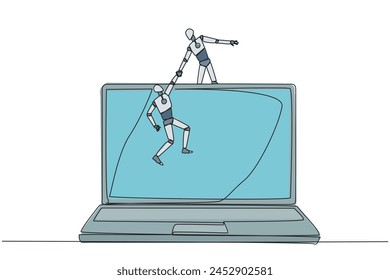 Single continuous line drawing smart robot helps colleague to climb a big laptop computer. Help create applications to develop business online. Great teamwork. One line design vector illustration