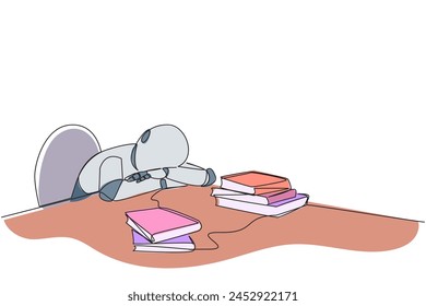 Single continuous line drawing smart robotic asleep at table where there were piles of books. Tired after successfully finish favorite reading book. Love reading. One line design vector illustration