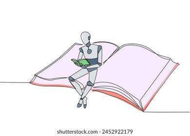 Single continuous line drawing smart robot sitting reading on large flying book. Relax reading like on a carpet flying into the sky. Future technology development. One line design vector illustration
