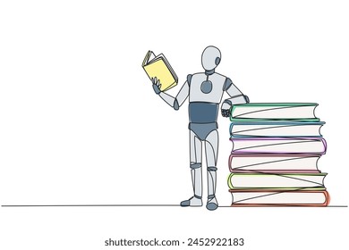 Single continuous line drawing smart robot standing reading book while leaning against a pile of large books. Hobby of reading anywhere. Very happy when reading. One line design vector illustration