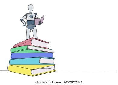 Single continuous line drawing smart robotic standing on a pile of books reading the fiction story book. Intrigued by book series. Read anywhere to finish reading. One line design vector illustration