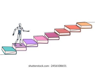 Single continuous line drawing smart robot climb stairs from book. Reading increases knowledge which can increase the dignity of better life. Book festival concept. One line design vector illustration