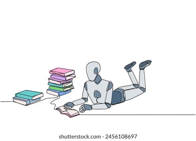 Single continuous line drawing smart robot really likes reading. Everyday one book is read. Good habit. There is no day without reading book. Book festival concept. One line design vector illustration