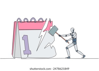 Single continuous line drawing smart robotic preparing to hit the big desk calendar. Very angry expression. Lots of deadlines, holiday schedules become messy. One line design vector illustration