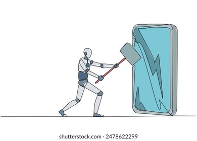 Single continuous line drawing smart robotic preparing to hit big smartphone with hammer. Technology can destructive if not use properly. Intelligence is required. One line design vector illustration