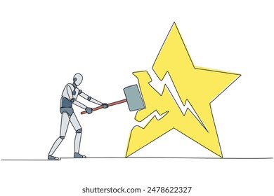 Single continuous line drawing smart robot preparing to hit the big star. The destroyer of dream. Failed to get the best career position. Anger overflowed. AI tech. One line design vector illustration