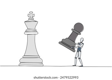 Single continuous line drawing smart robotic holding pawn chess to beat king chess. Strategic planning, business development strategy, tactics in entrepreneurship. One line design vector illustration