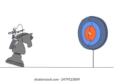 Single continuous line drawing smart robot future tech holding archery aiming target while riding chess horse piece, strategic concept. Success business manager. One line design vector illustration