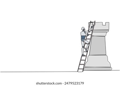 Single continuous line drawing smart robotic climb huge rook chess piece with ladder. Business strategy and marketing plan. Strategic move in business concept. One line design vector illustration