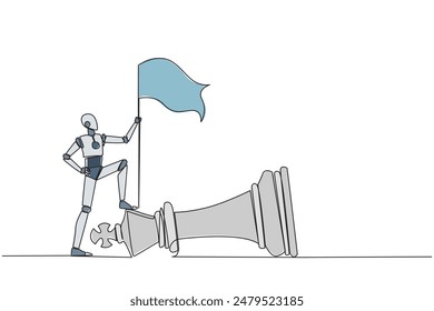 Single continuous line drawing smart robot holding flag, defeat competitor in business as winning chess game. Strategy success using powerful move for advantage. One line design vector illustration