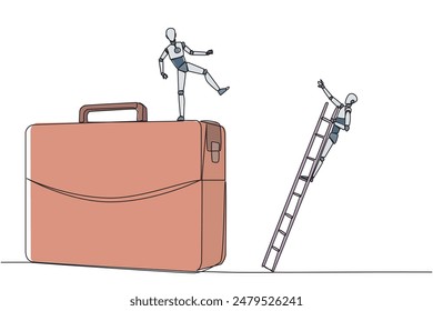 Single continuous line drawing smart robot kicks opponent who is climbing the briefcase with a ladder. Keep away from intruders who disturb business trips. Rival. One line design vector illustration