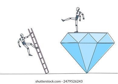 Single continuous line drawing smart robot kicks rival who is climbing the diamond with a ladder. Knocking rival down from achieving a glorious position together. One line design vector illustration