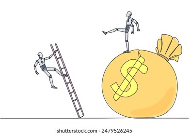 Single continuous line drawing smart robot kicks opponent who is climbing the money bag with a ladder. Cheated by a business partner. Unprofitable business. Rival. One line design vector illustration