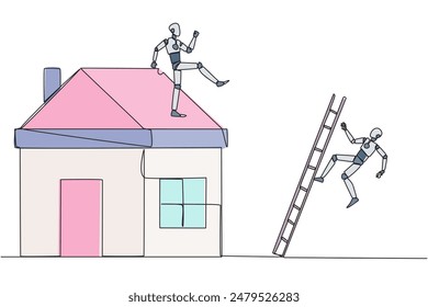 Single continuous line drawing smart robot kicks opponent who climbs a miniature house with stairs. Metaphor of fraud committed by house developers. Bad business. One line design vector illustration