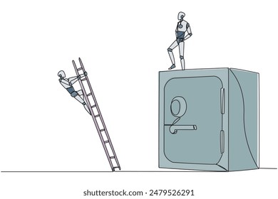 Una sola línea continua que dibuja el robot inteligente patea al oponente que está subiendo la caja de seguridad con la escalera. Se cayó bruscamente. Guardar No se puede Rival. Ilustración vectorial de diseño de una línea