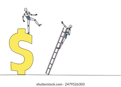 Ein durchgehender Linien-Zeichnungs-Smart-Roboter tritt den Rivalen, der ein Dollar-Symbol mit Leiter klettert. Ungesunder Wettbewerb. Mit groben Methoden zum Herunterfahren. Einzeilige Design-Vektorillustration