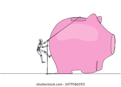 Single continuous line drawing smart robot climbing piggy bank with the rope. Entrepreneur working hard to make investments preparing for retirement. Smart worker. One line design vector illustration