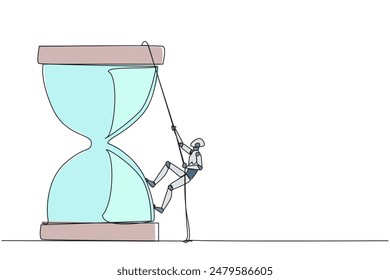 Single continuous line drawing smart robot climbs hourglass with the rope. The countdown is set. Deadline is coming soon. Time management must be good. Work smart. One line design vector illustration