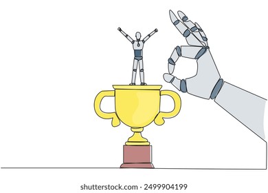 Single continuous line drawing the smart robot standing on big trophy. Celebrating the success of business. Got fraudulent business opponents. Falling helpless. One line design vector illustration