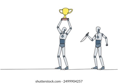 Single continuous line drawing the smart robot standing lifting trophy. Business friends prepare to stab in the back. Unhealthy business competition. The traitor. One line design vector illustration