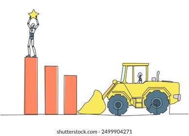 Single continuous line drawing smart robot standing on the highest bar raising a star. Bulldozer ready to destroy the happiness. Betrayal. Fake friends. Traitor. One line design vector illustration