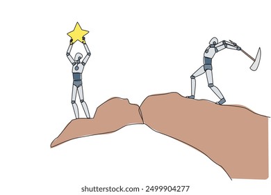 Una sola línea continua dibujando un robot inteligente de pie en el borde de un acantilado sosteniendo una estrella. El socio hipócrita quiere destruir el logro. El traidor. Ilustración vectorial de diseño de una línea