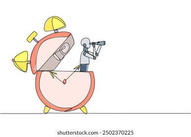 Single continuous line drawing smart robot appears from the alarm clock looking for something through binoculars. Alarm robot. Reminder robot. New technology clock. One line design vector illustration