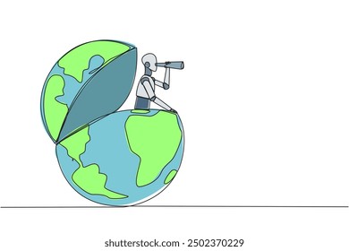 Single continuous line drawing smart robot appears from the globe looking for something through binoculars. Mapping locations that technology has not yet reached. One line design vector illustration