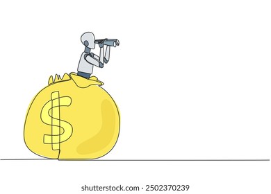 Single continuous line drawing a smart robot emerges from the money bag looking for something through binoculars. Scan. Analyzing the authenticity of money. One line design vector illustration