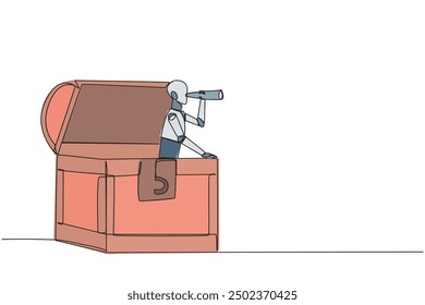 Single continuous line drawing a smart robot emerges from the treasure chest looking for something through binoculars. Scan. Analyze the findings. Rich robot. One line design vector illustration