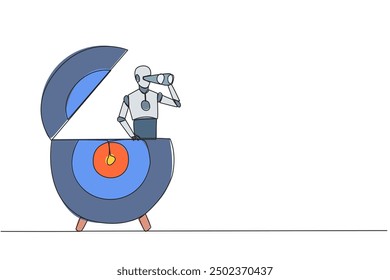 Single continuous line drawing smart robot appears from arrow target board looking for something through binocular. Scan. Analyzing skills. Focus on pursuing goals. One line design vector illustration