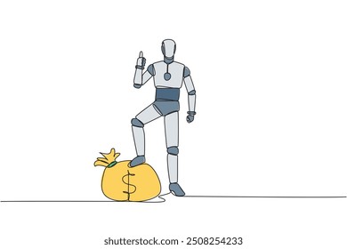 Single continuous line drawing smart robot stands with thumbs up pose and steps on the money bag with one of foot. Programmed to work smart. Future technology. One line design vector illustration
