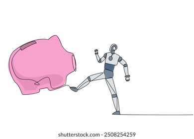 Single continuous line drawing smart robot kicking piggy bank. Programming error. Misperception. Robots become wasteful and lose assets. Future technology. AI. One line design vector illustration